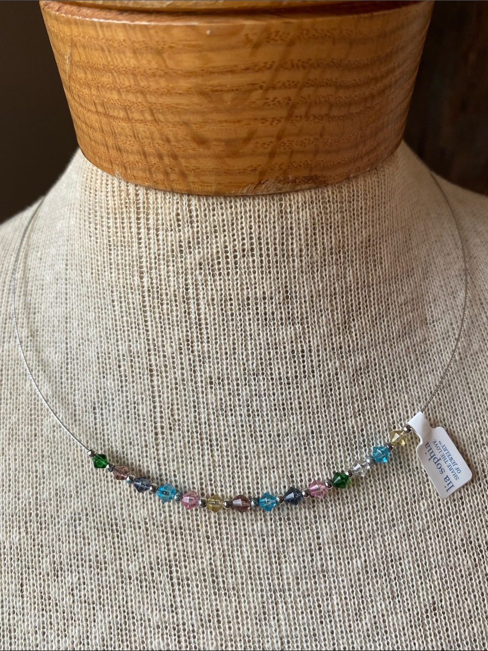 Lia Sophia vintage Sweet Tart bicone crystal bead wire Necklace pastel silver